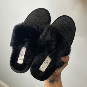 JESSICA SIMPSON Black Embellished Faux Fur Slippers Size 6